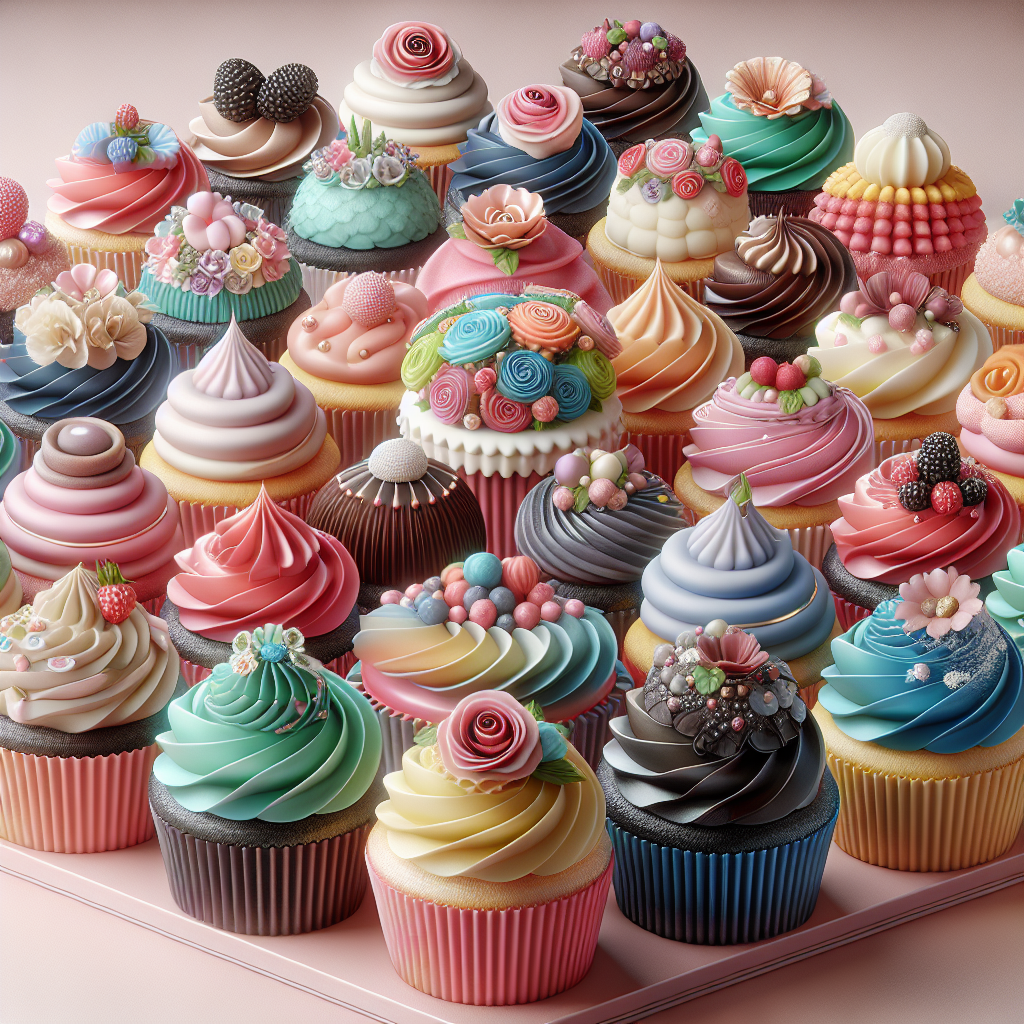 Realistic stock image of colorful cupcakes display.